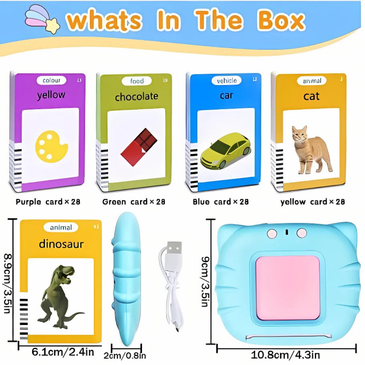 Pink or Blue Talking Flash Card Reader with a Set of 112 Double Side cards - Image 3