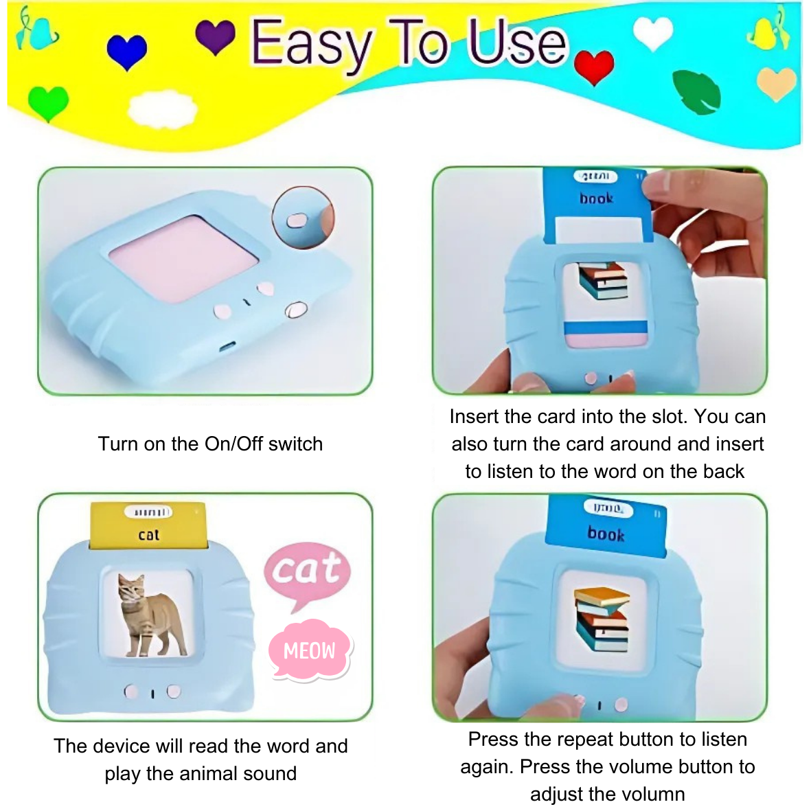 Pink or Blue Talking Flash Card Reader with a Set of 112 Double Side cards - Image 2