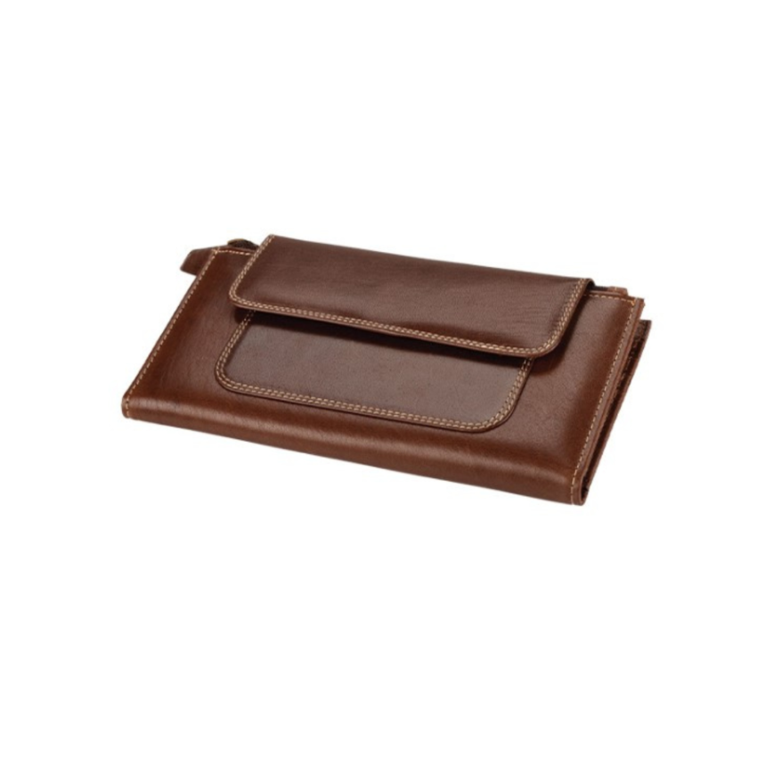 Dakota genuine leather purse with press button and zip closure, showing 8 card pockets, ID window, bank note section, and back zip compartment