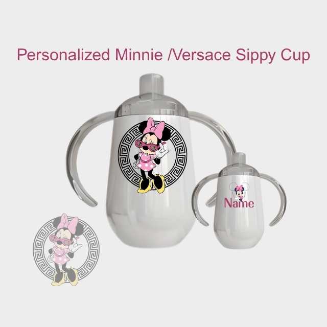 Minnie Mouse plush toy gift set with matching sippy cup bottle featuring pink polka dot bow and Greek key pattern design - perfect baby gift for Disney fans