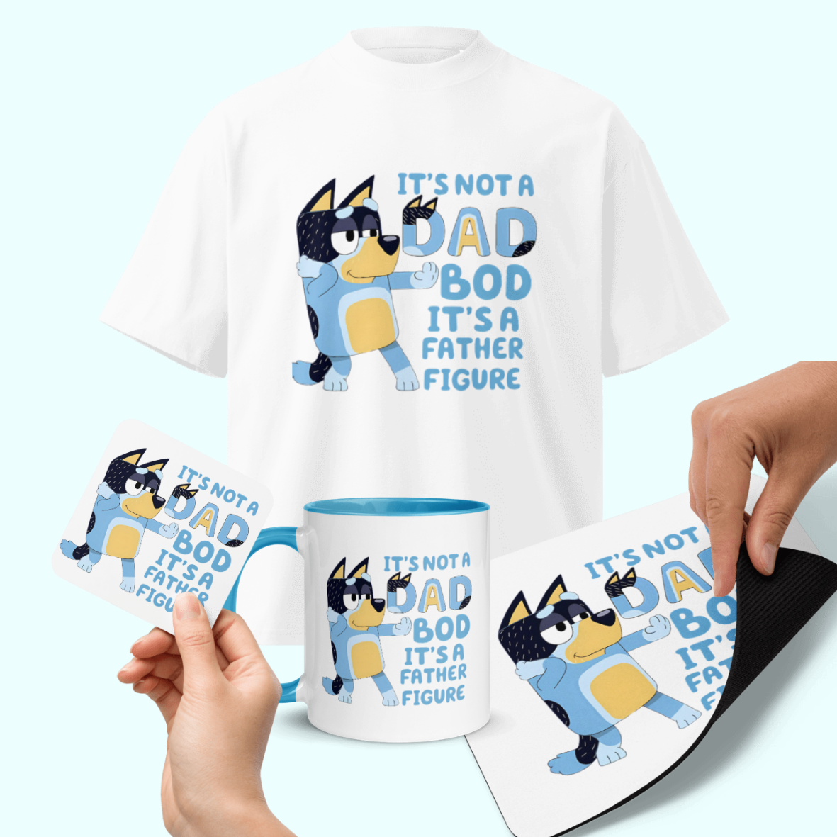 Funny gift set for dad with t-shirt, coffee mug, coaster and mouse pad featuring humorous father figure design
