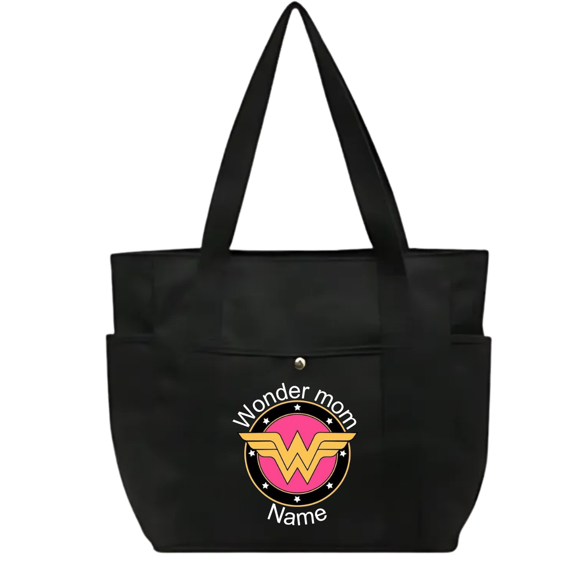 black wonder mom tote bag with matching stainless steel travel mug and compact mirror gift set for mothers day