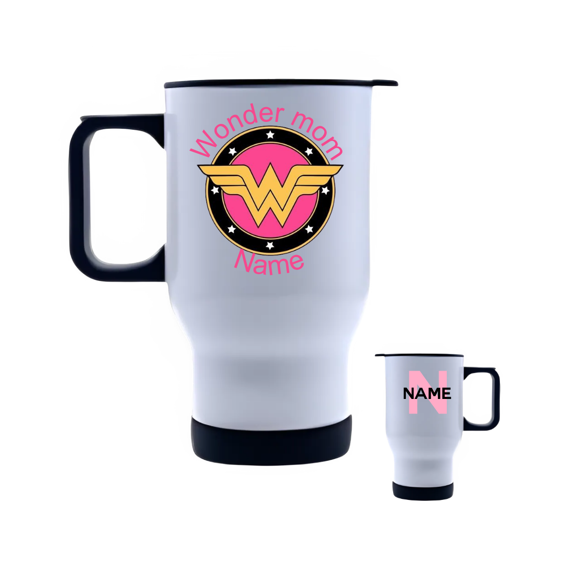 black wonder mom tote bag with matching stainless steel travel mug and compact mirror gift set for mothers day