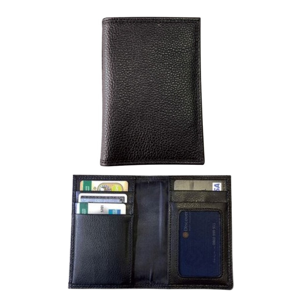 Napoli genuine leather bifold credit card holder in black with mesh ID window, card slots, and inner note pockets