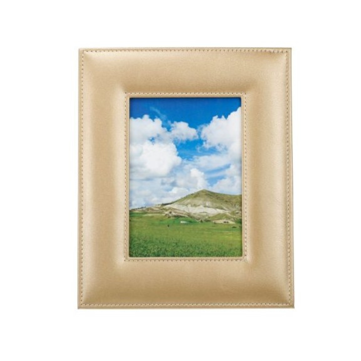 Genuine leather photo frame in warm gold with detailed stitching, holds 90x125mm photo, gift boxed presentation