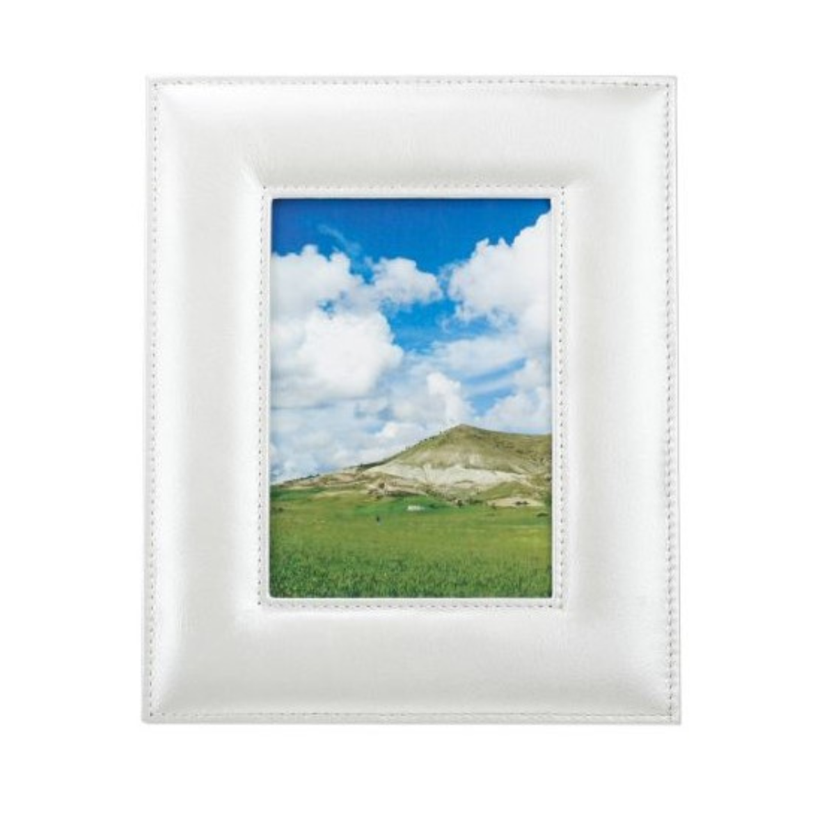 Genuine leather photo frame in refined silver with detailed stitching, holds 90x125mm photo, gift boxed presentation