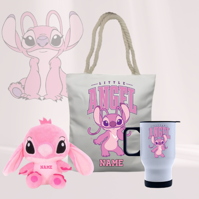 Little Angel personalized gift set for teen girls featuring pink Stitch character tote bag, custom name travel mug, and soft plush toy - perfect personalized gift for teen girls who love Disney Lilo and Stitch