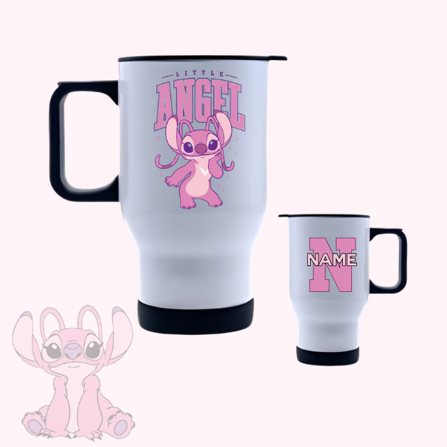 Little Angel personalized gift set for teen girls featuring pink Stitch character tote bag, custom name travel mug, and soft plush toy - perfect personalized gift for teen girls who love Disney Lilo and Stitch