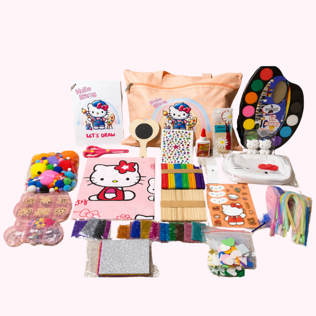 Hello Kitty Busy Bag Craft Kit with glitter, stickers, pom poms, paint, magnets, apron and creative craft supplies for kids