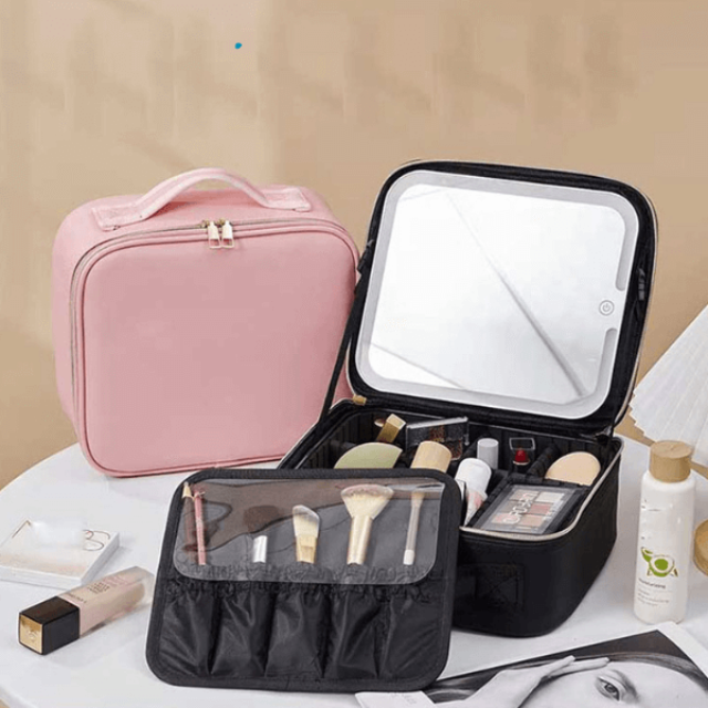 Portable makeup organizer storage box with LED light and mirror