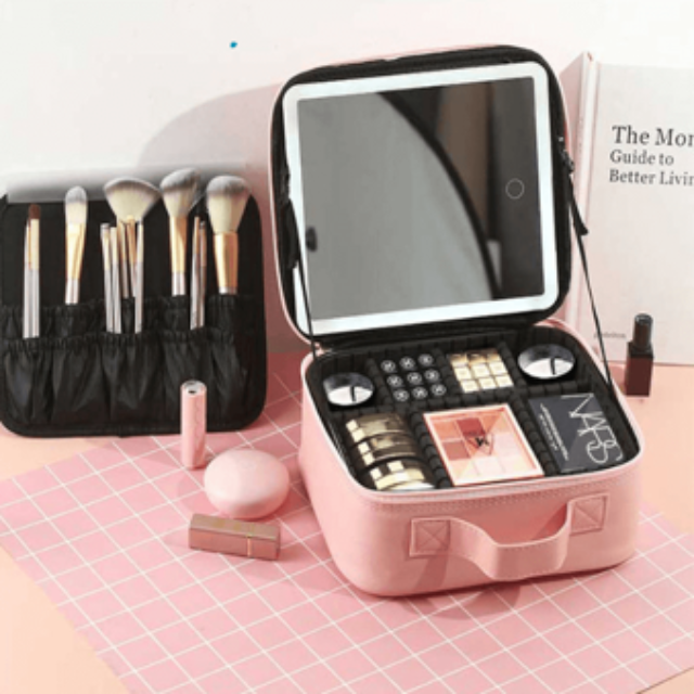 Portable makeup organizer storage box with LED light and mirror