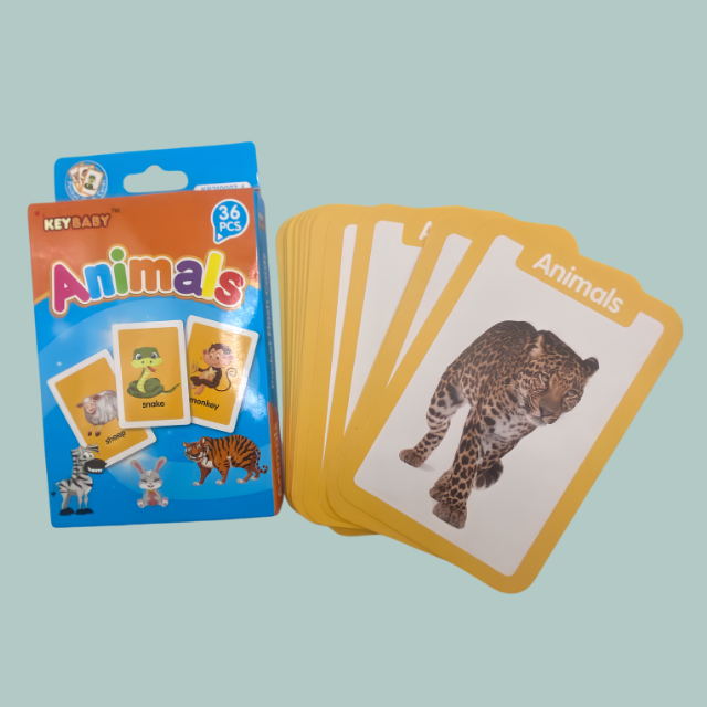 36 double-sided animal flashcards for kids with real animal images and cartoon illustrations
