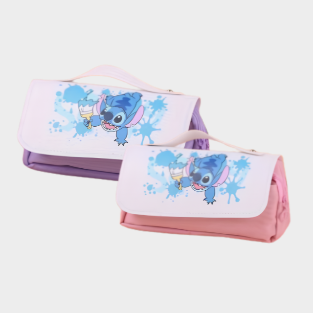 Stitch girls pencil case with 3 compartments in pink and purple