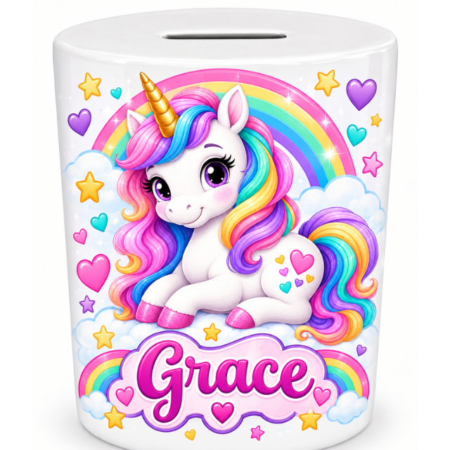 Personalized unicorn ceramic money jar with child's name