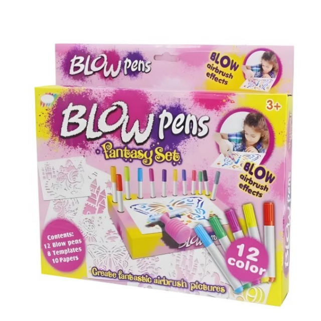 Kids blow pens airbrush art kit with 12 colours and stencils